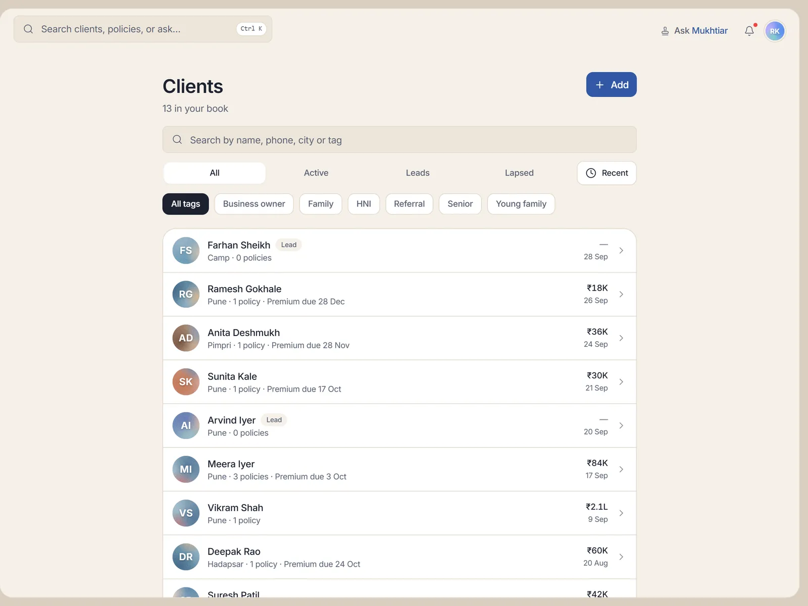 Mukhtiar web app: the client list with search, status tabs and tags