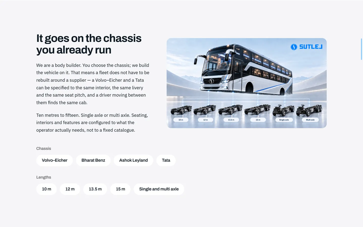 Sutlej chassis section listing Volvo-Eicher, Bharat Benz, Ashok Leyland and Tata, 10 to 15 metres
