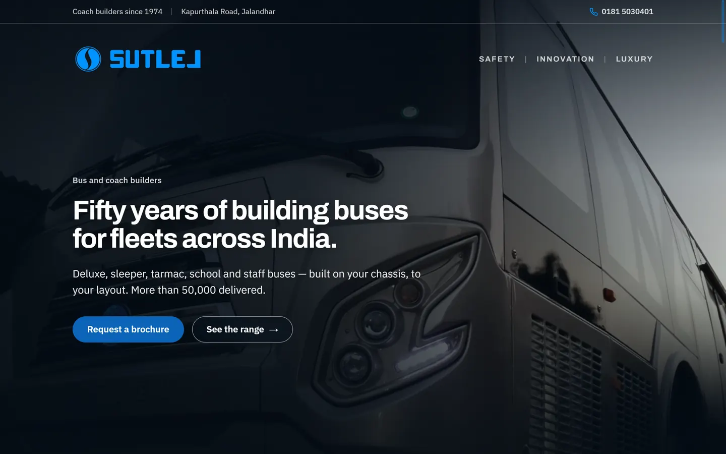 Sutlej homepage hero with a coach at dusk and the headline Fifty years of building buses for fleets across India